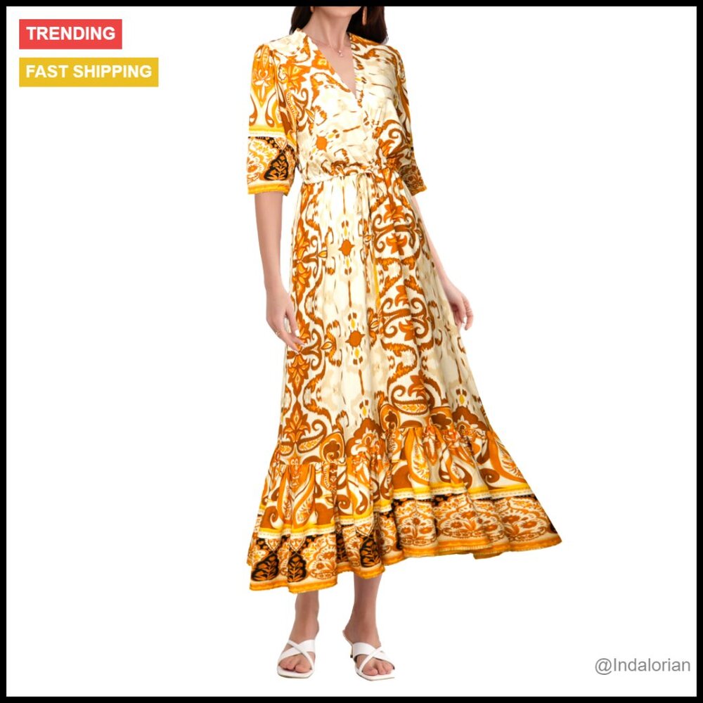 V-Neck Short Sleeve High Waist Floral Midi Dress Bohemian Casual Chic